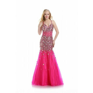 Romance Couture Sheer Rhinestone Grad Prom Dress RM5012 Fuchsia Size 6